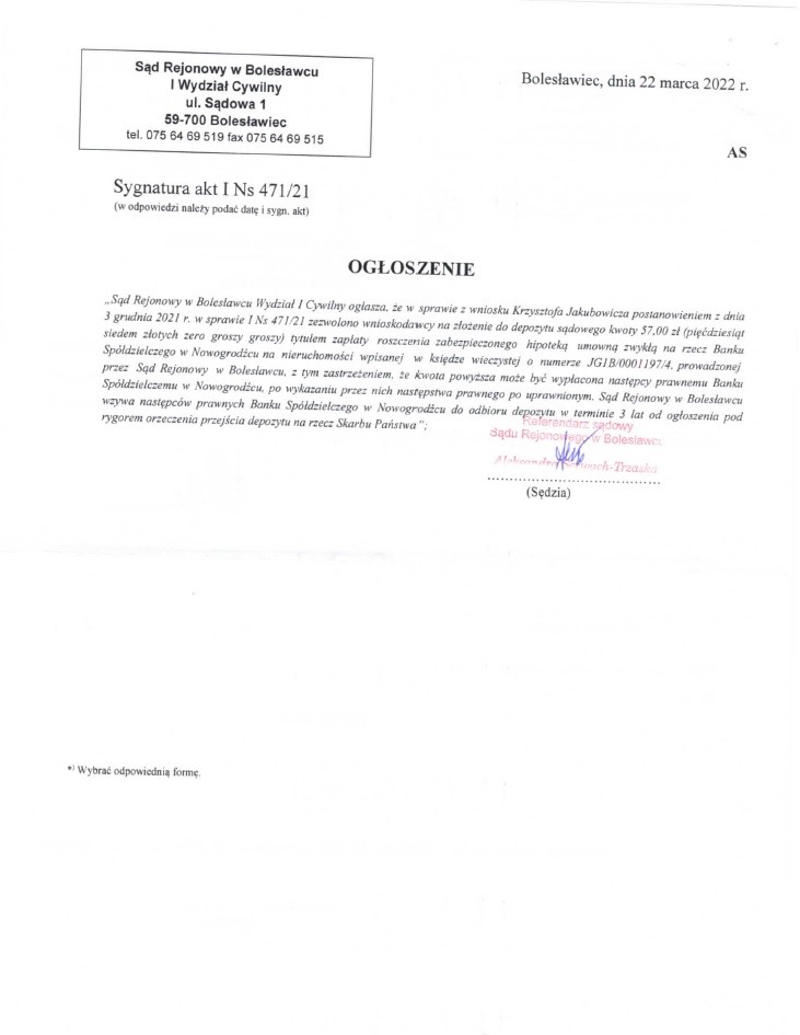 Sąd Rejonowy w Bolesławcu Syg akt I Ns 471 21 z dnia 22.03.2022