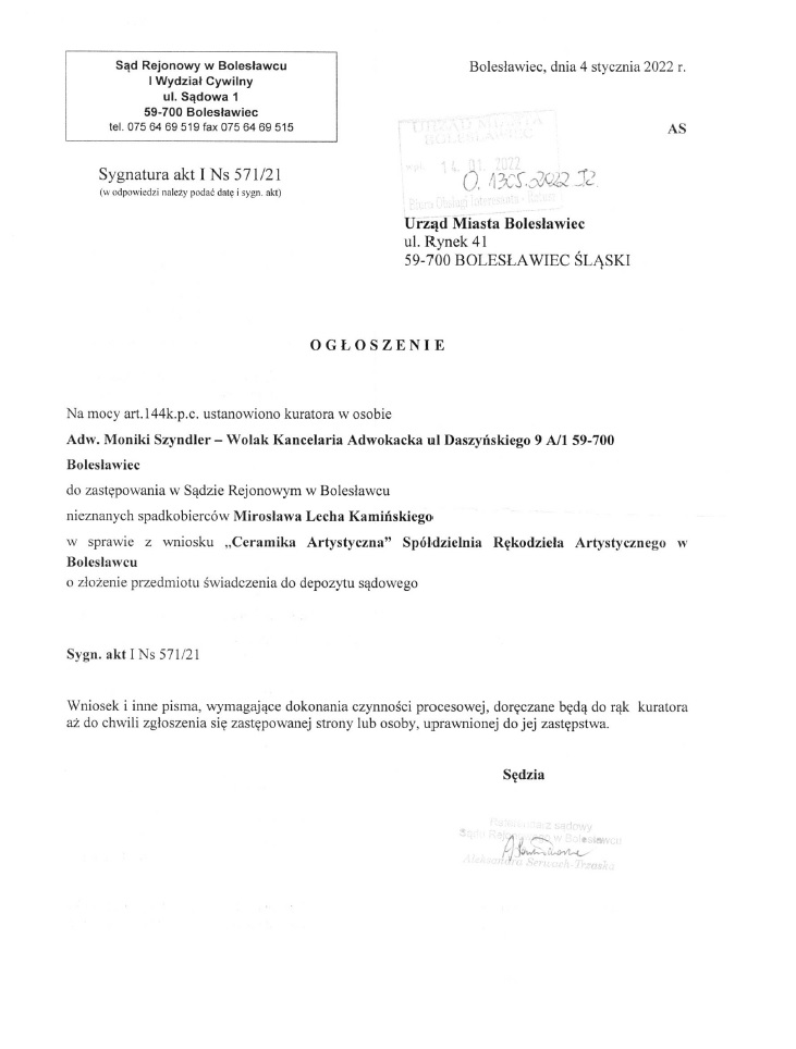 Sąd Rejonowy w Bolesławcu Syg akt I Ns 571 21 z dnia 04.01.2022